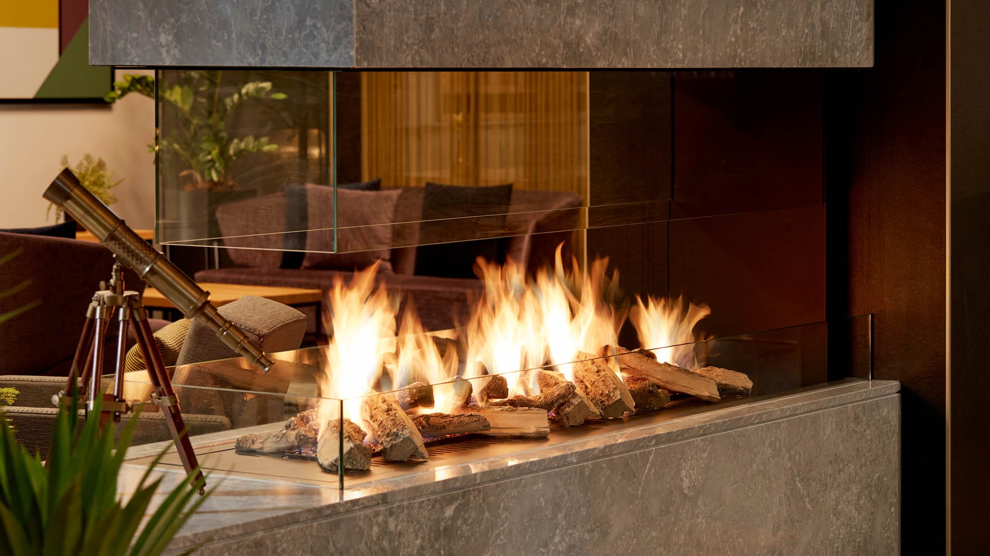 CUBO Bar lobby fireplace