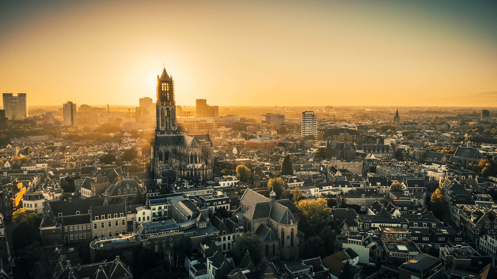 Aerial city view of Utrecht sunset